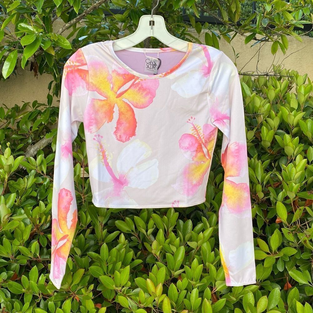 Chaser Girls Floral Print Long Sleeve Scuba Cover Up Beach Top. Small. New NWT